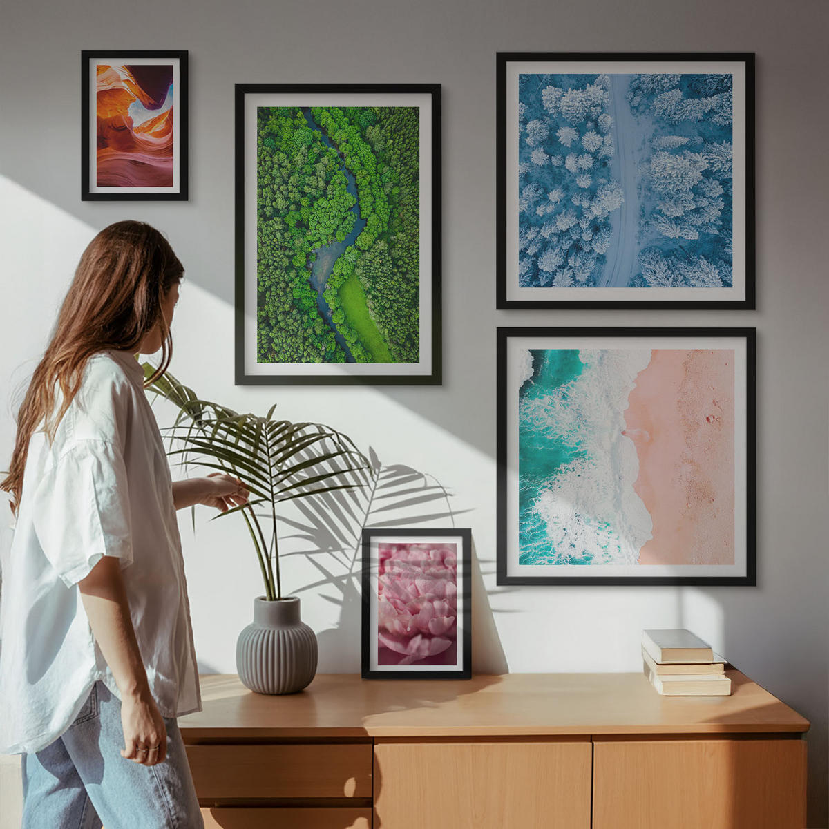 BILDER SET 5er Set - 50x50 cm & 20x30 cm & 40x60 cm Schwarzer Rahmen - Pferde, Bewegung, Strand, Leuchtturm, Berge - Schwarz, Kunststoff (40/60cm) - TULUP