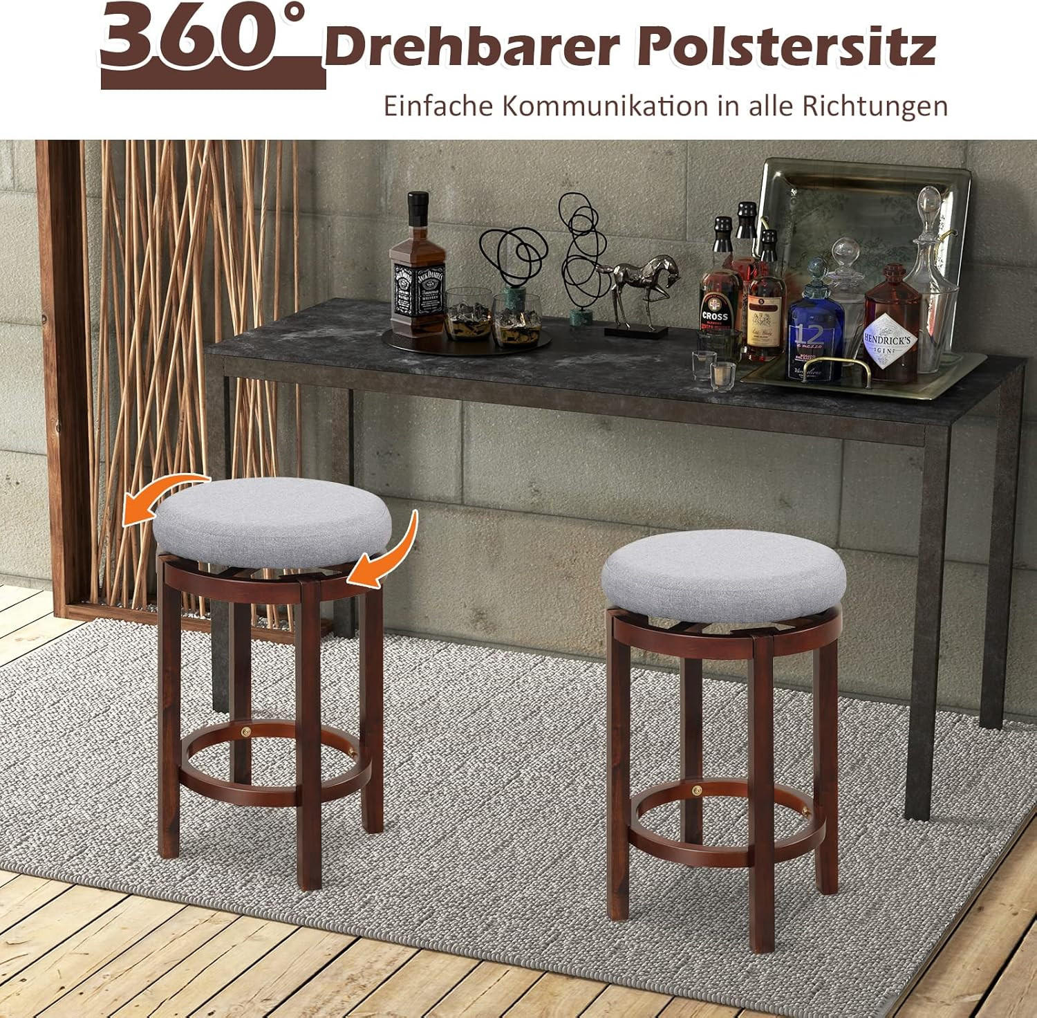 BARHOCKER Gepolstert Grau(2er-Set) - Grau, Holz (42/66/42cm) - COSTWAY