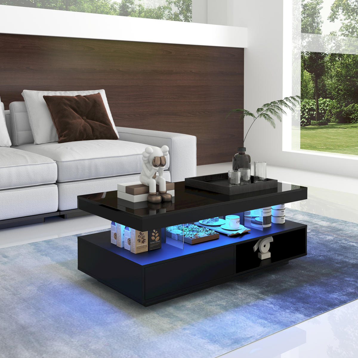 COUCHTISCH Schwarz Hochglanz mit 4 Glaseinsätzen, 2 Schubladen & LED per App, 95/50/42,5 cm,Schwarz - Schwarz, Holzwerkstoff (50/95/42.5cm) - Redom