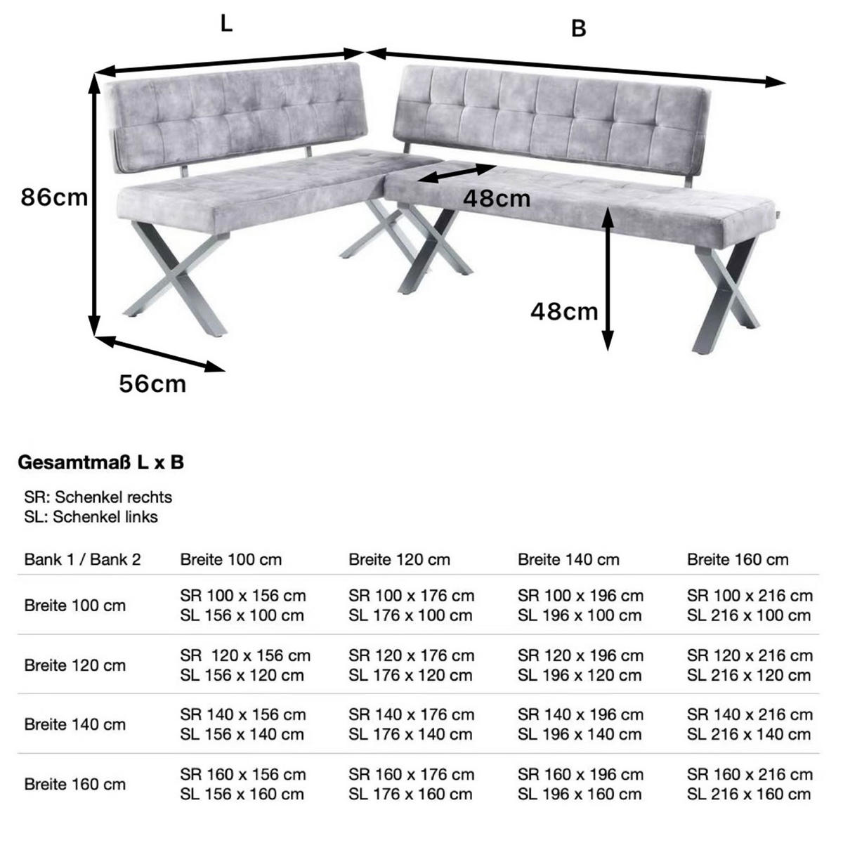 SITZBANK KAREN - Grau, Metall (160/48/56cm) - B&D Home