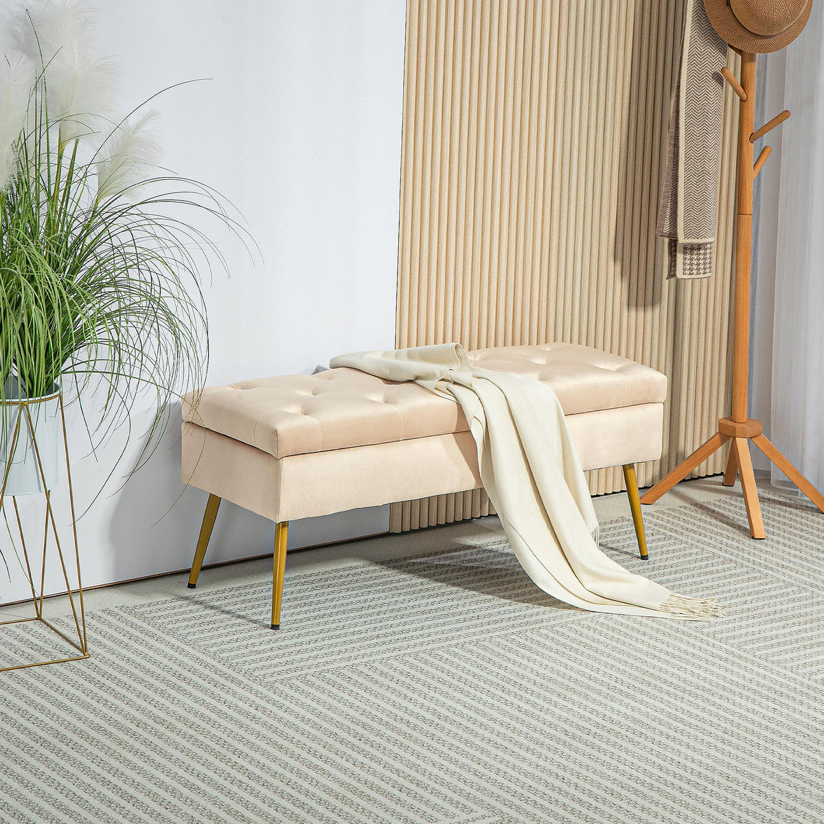 SITZBANK Polsterbank mit Stauraum Bettbank mit Samtoptik für Flur Metall Beige - Beige, Kunststoff (35/43/102cm) - HOMCOM