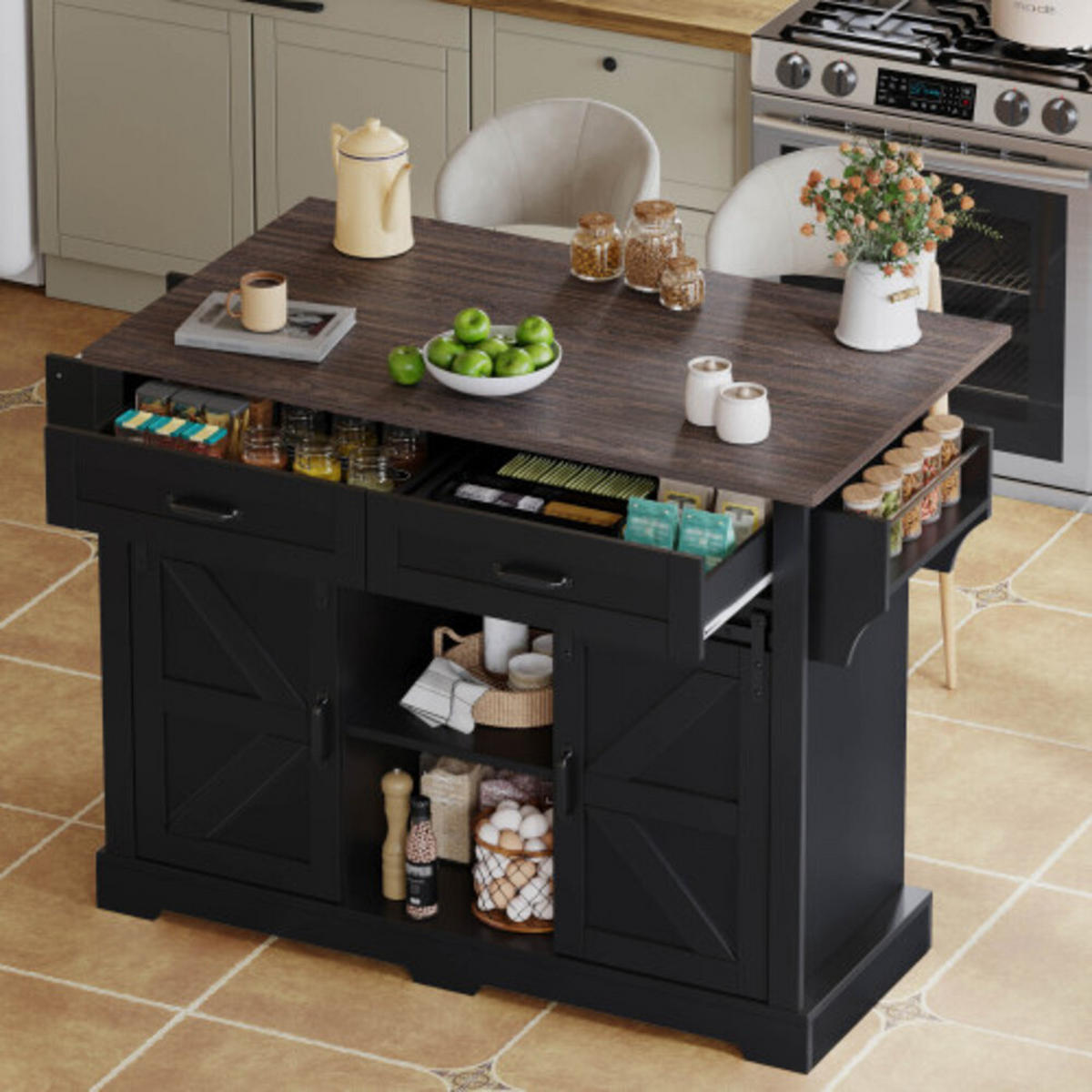 KÜCHENINSEL Braun-Schwarz MDF mit klappbarer Erweiterungsplatte & versteckten Laufrollen 120 × 45(70) × 91 cm - Schwarz, Holzwerkstoff (120/91/70cm) - Luhomfu