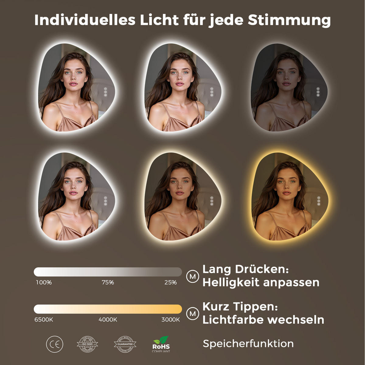BADEZIMMERSPIEGEL mit Beleuchtung 80/70 cm asymmetrisch rahmenlos LED dimmbar mit Antibeschlag - Transparent, Glas (80/70/2.5cm) - S'AFIELINA