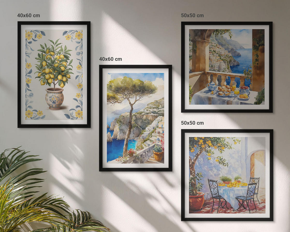 BILDER SET 4er Set - 50x50 cm & 40x60 cm Schwarzer Rahmen - Gemälde von Zitronenbäumen - Schwarz, Kunststoff (50/50cm) - TULUP