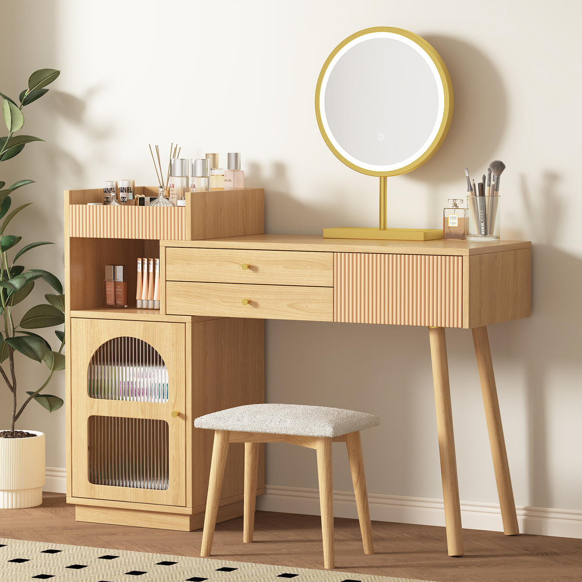 SCHMINKTISCH in Naturfarben Frisiertisch mit LED-Spiegel & 3-Farb-Beleuchtung Kosmetiktisch aus Holz B120/T40/H90cm - Naturfarben, Holzwerkstoff/Metall (120/90/40cm) - STILVORA