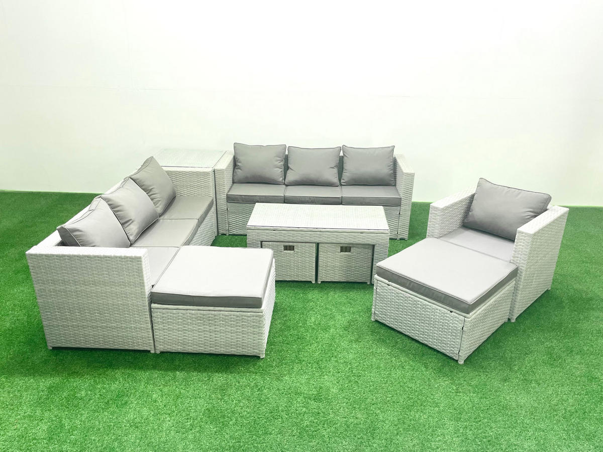 BALKONMÖBEL-SET Polyrattan Hellgrau-Mix 11-teilig - Hellgrau/Grau, Glas/Kunststoff - Fimous