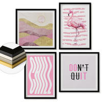 WANDBILDER 4er-Set - 50x50 cm & 40x60 cm Schwarzer Rahmen - Pastellfarbene Berglandschaft mit rosa Flamingos - Schwarz, Kunststoff (50/50cm) - ArtPrintCave
