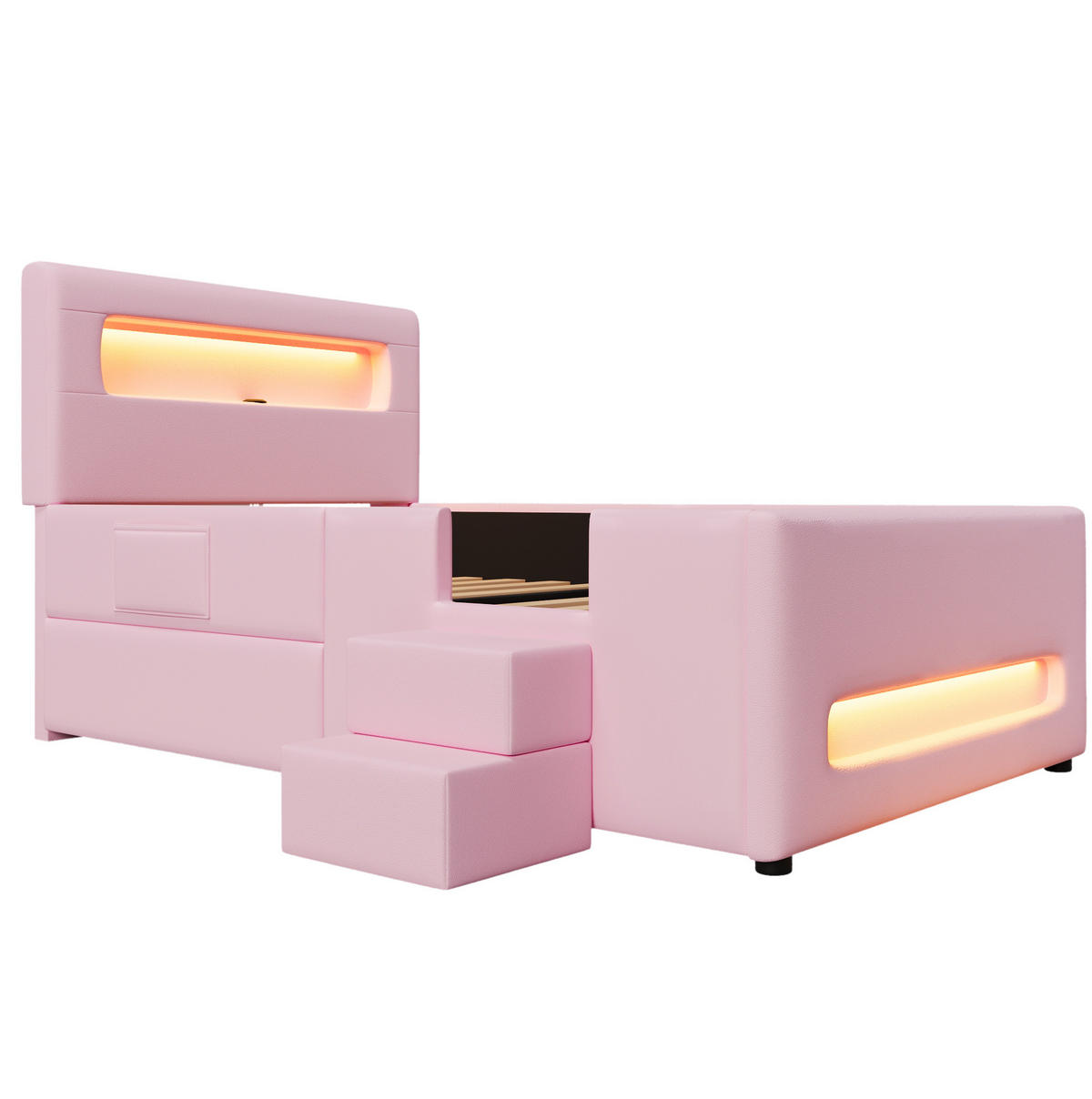 POLSTERBETT 90/200 cm mit Treppe, Schublade und LED-Beleuchtung, PU, Rosa - Rosa, Holzwerkstoff (90/200cm) - Redom