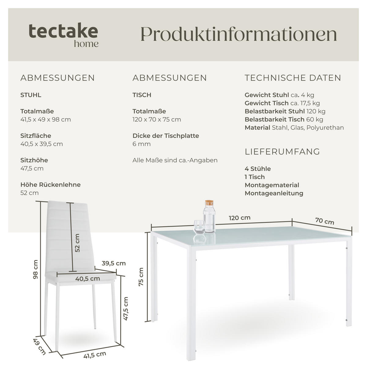 ESSZIMMERGRUPPE 5-teilig Berlin weiß - Weiß, Metall (70/75/120cm) - tectake