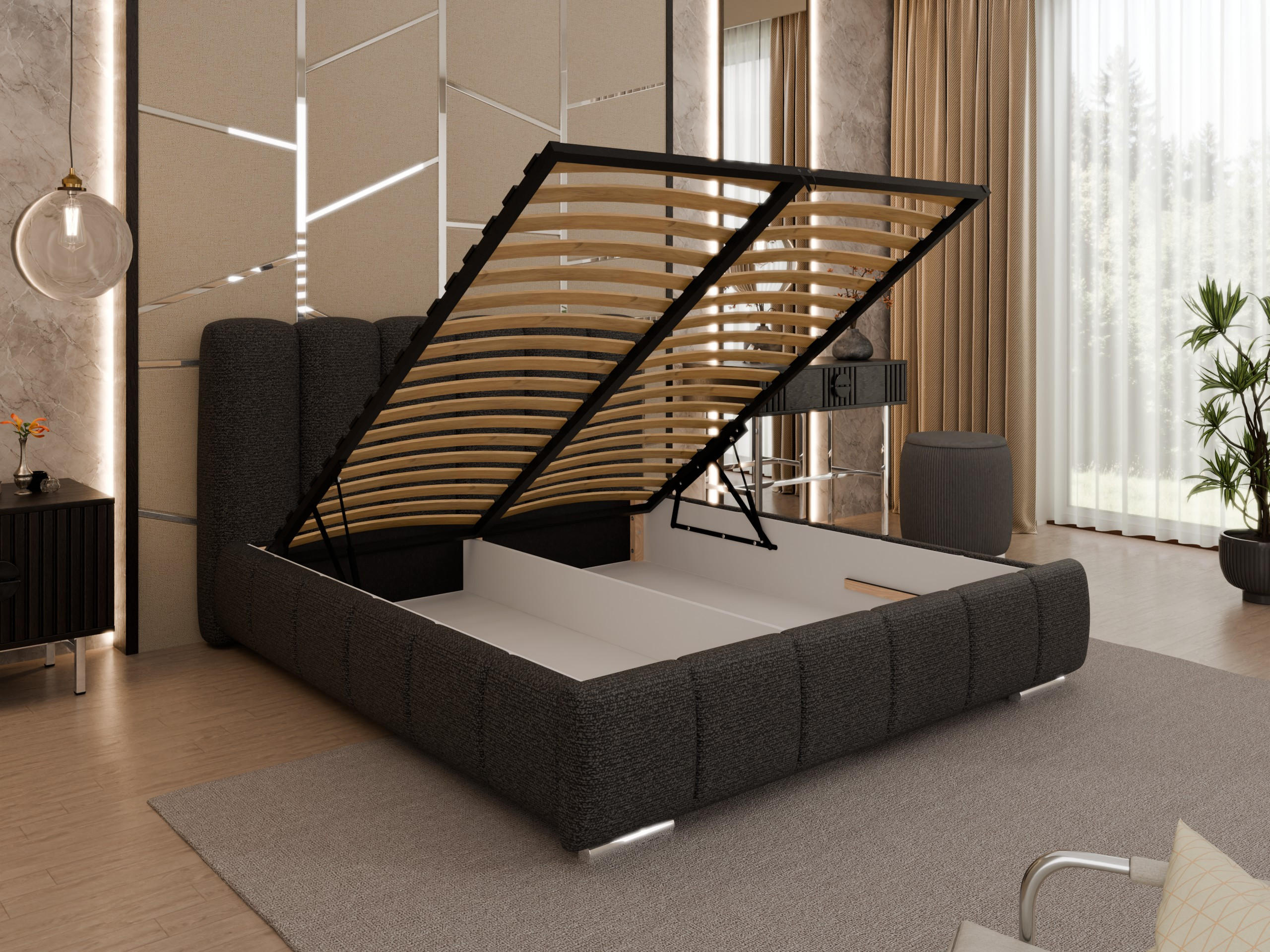 POLSTERBETT ZAIRA 160 x 200 cm mit Bettkasten und Lattenrost, 7-Zonen-Taschenfederkernmatratze CIRA (24 cm) – Graphit - Schwarz, Holz (140/200cm) - Panda Möbel