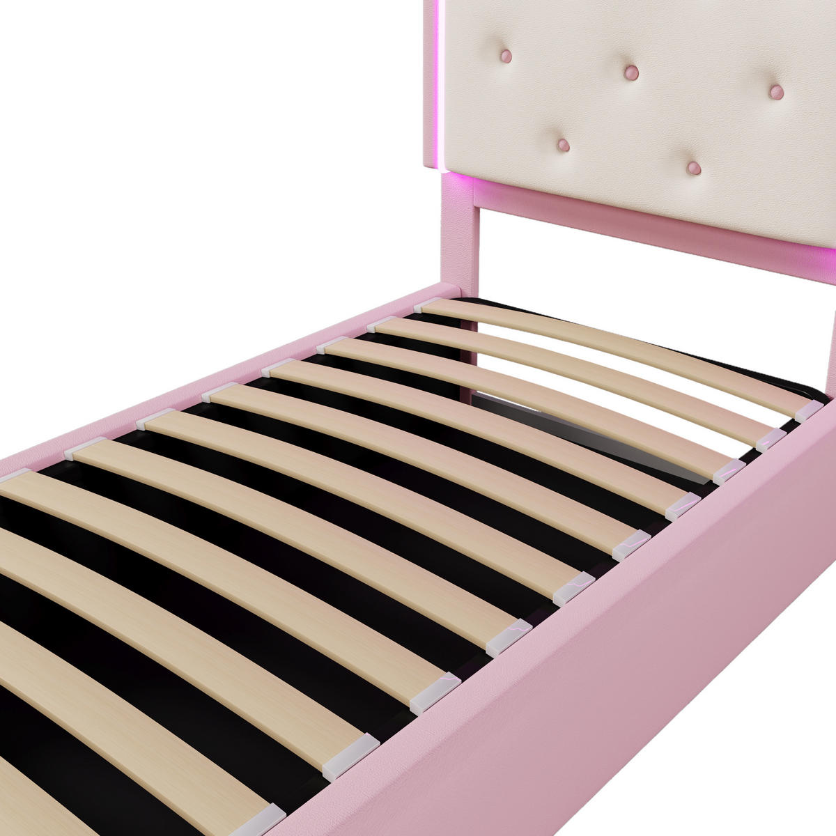 STAURAUMBETT 90/200 cm DE-04641, mit LED, Hydraulik und Kronprinzessinnen-Form in Rosa - Pink, Holzwerkstoff/Metall (90/200cm) - ComfortXL