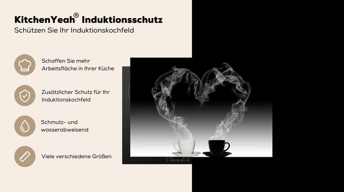 HERDABDECKPLATTE Kaffee - Herz - Schwarz und weiß - Tassen 75x52 cm - Weiß, Kunststoff (75/0.2/52cm) - MuchoWow