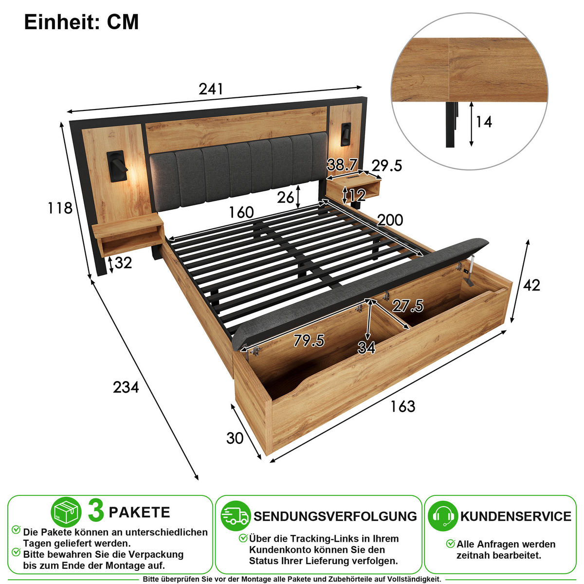 BETTANLAGE 160/200 cm in Eiche mit Leselampen, USB und Type-C - Eichefarben, Holzwerkstoff/Textil (160/200cm) - CHICFURN