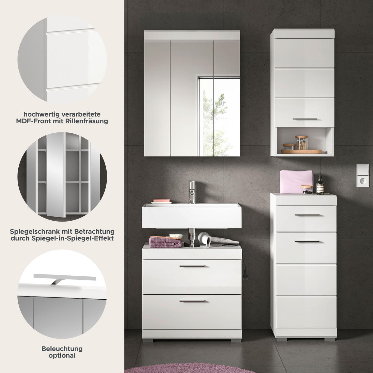 BADKOMBINATION 4tlg. Scout Bad in weiß Nachbildung und weiß hochglanz B/H/T: 112x191x34 cm - Weiß, Holz (112/191/37cm)