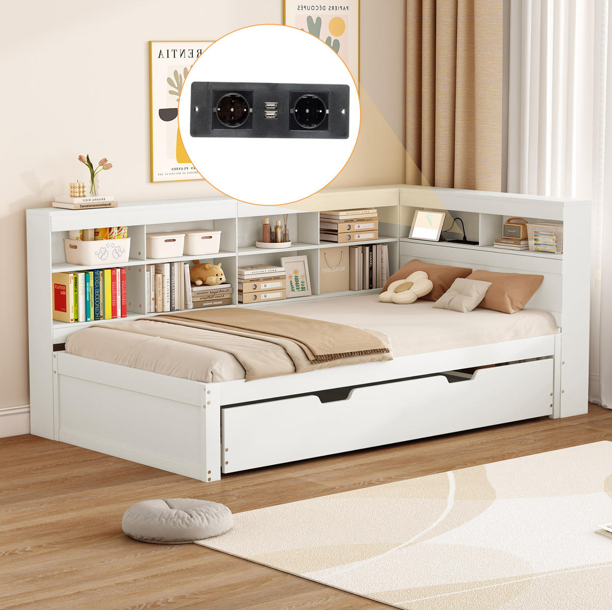 POSTEĽ 90/200 cm drevo biela, výsuvné lôžko, USB a úložné priestory - biela, drevo (90/200cm) - BEAOK