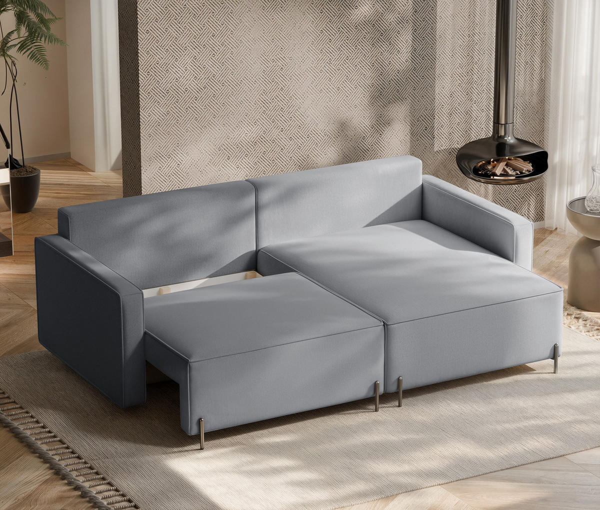ECKSOFA LEO Rechts, mit Schlaffunktion und Bettkasten, Grau - Grau, Textil/Metall (229/148cm) - Idohome