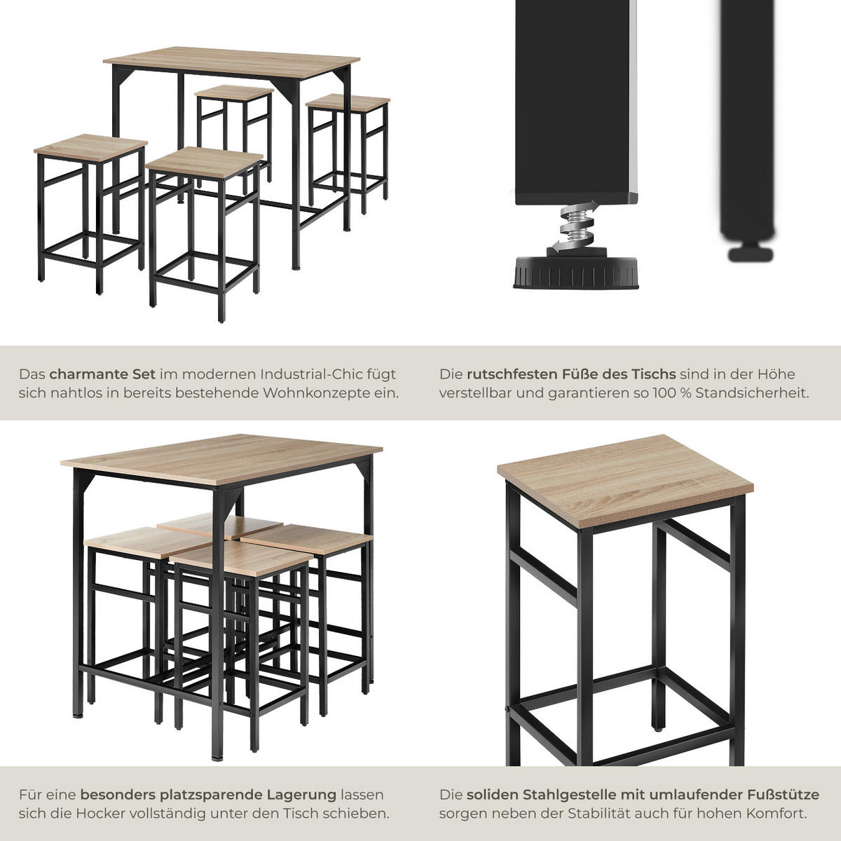 BARTISCH-SET Edinburgh,mit höhenverstellbaren Kunststofffüßen,Industrial Holz hell, Eiche Sonoma - Naturfarben, Holz (124/88.5/100cm) - tectake