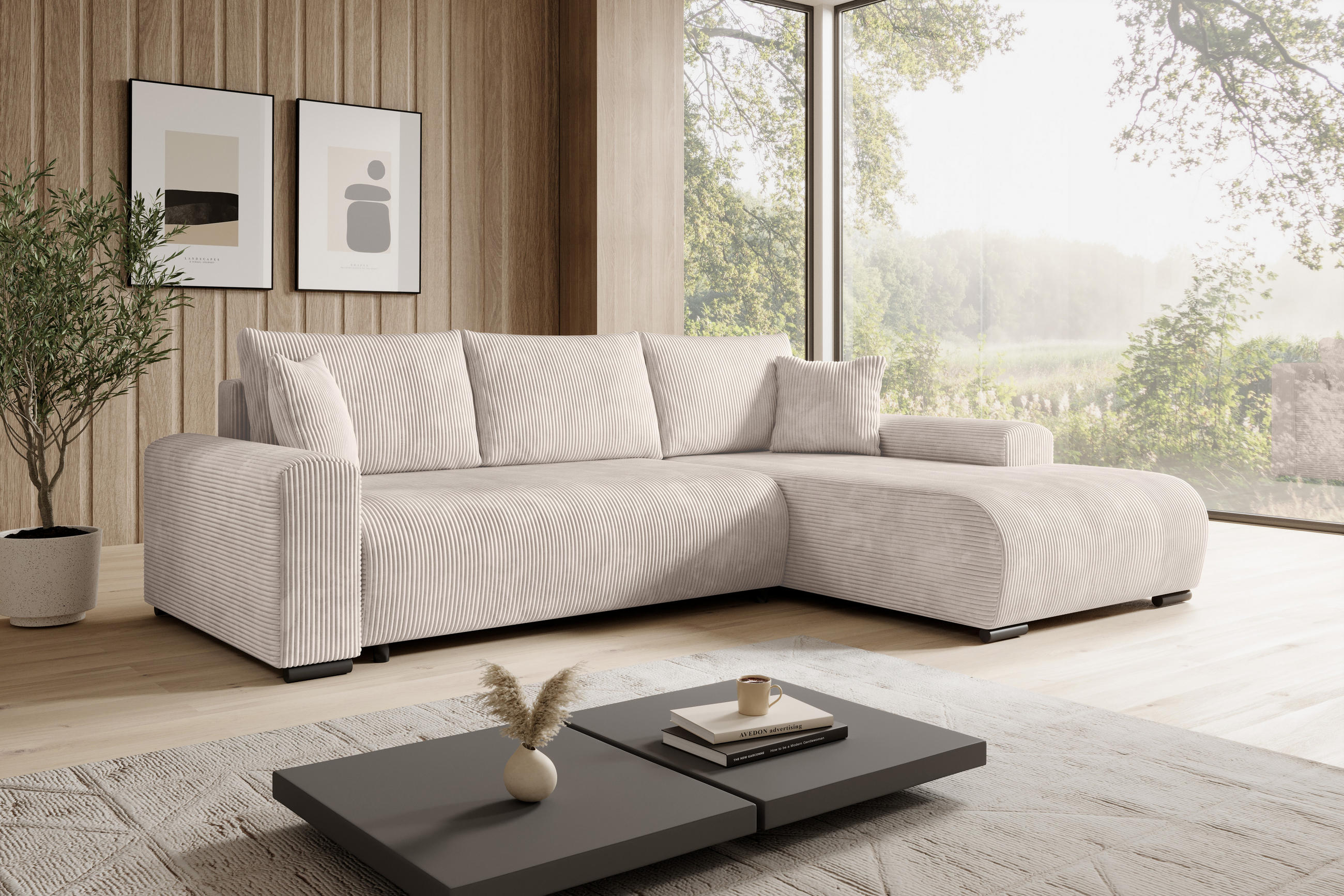 ECKSOFA Nelly mit Bettkasten und Schlaffunktion, Cordstoff in L-Form - Creme, Textil (270/185cm)