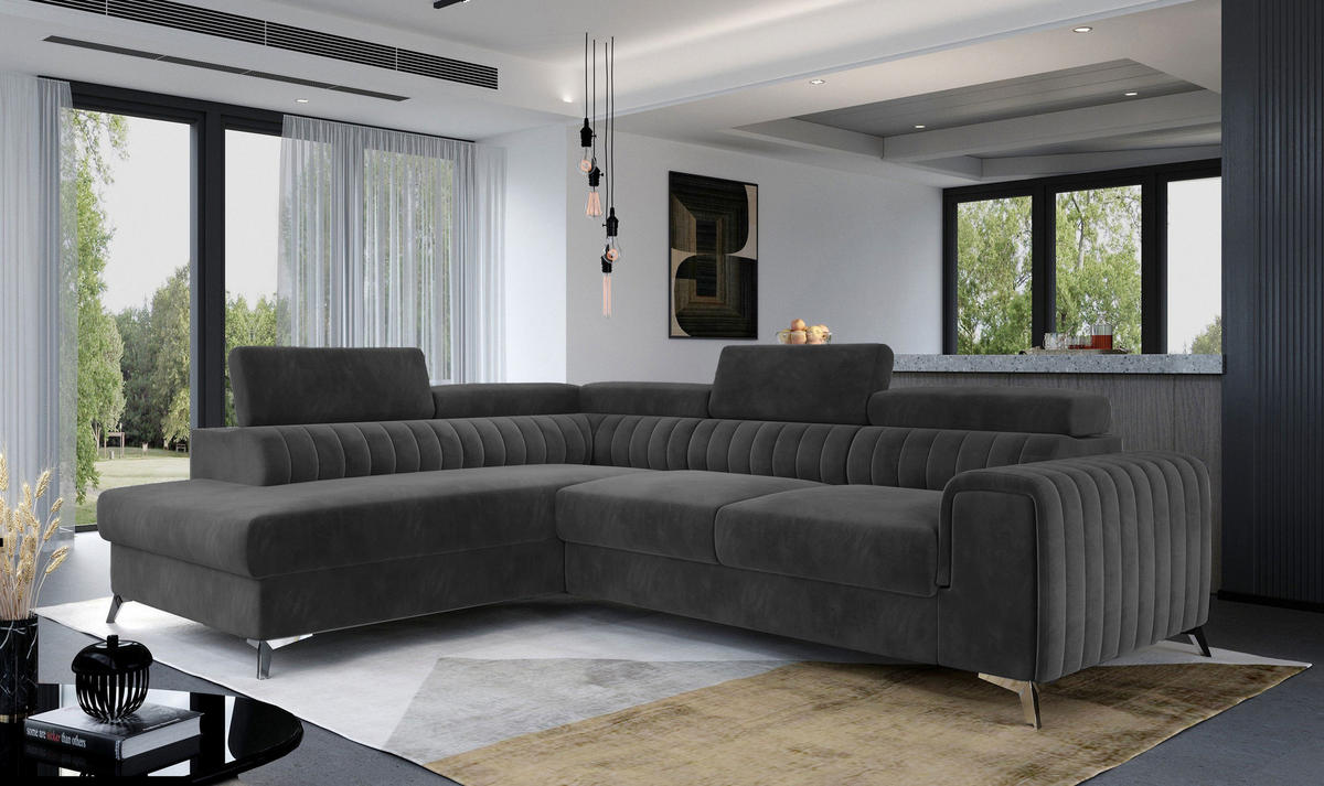 ECKSOFA Laurence mit Schlaffunktion & Bettkasten – 278 x 205 cm, verstellbare Kopfstützen - Anthrazit, Kunststoff (278/205cm) - Wohnideebilder