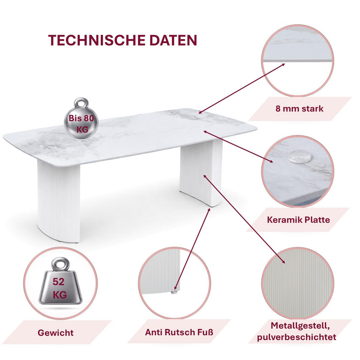 ESSTISCH Keramik Marmor-Optik geriffeltes Säulengestell Weiß 180 × 90 cm - Weiß, Keramik/Metall (90/180/75cm) - HOOZ