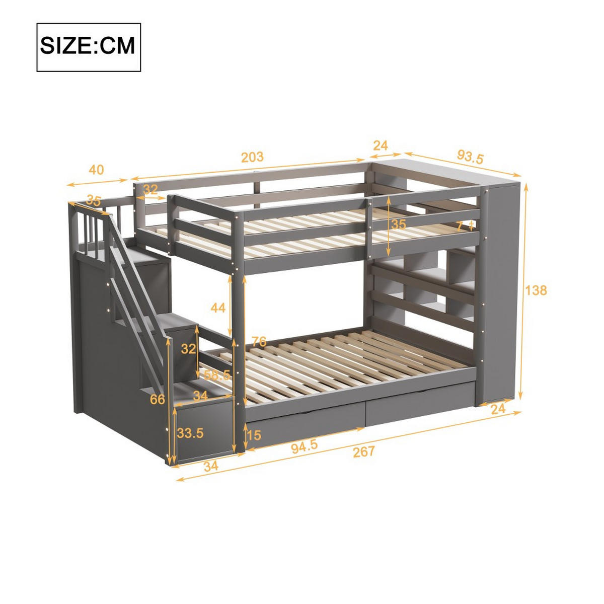 ETAGENBETT 90 x 200cm mit Lattenrost in Grau - Grau, Holz (90/200cm) - KOMHTOM