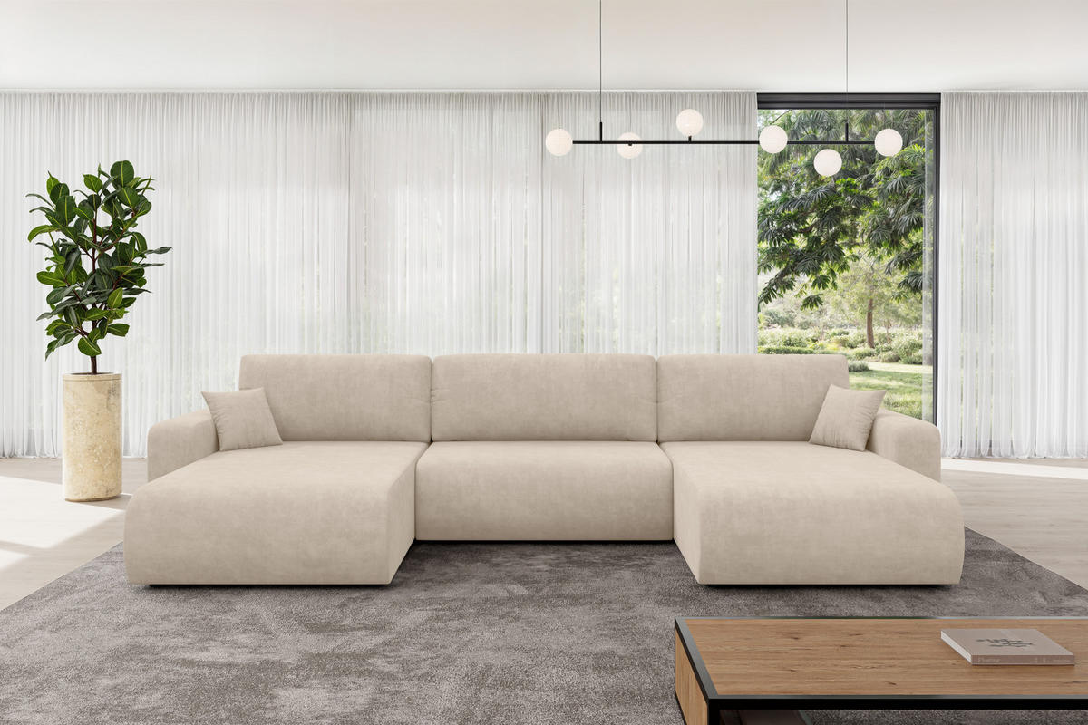 SEDACÍ SOUPRAVA DO U s funkcí spaní a úložným prostorem BERY-U 377x193x88 béžová velur - černá/Sahara, kompozitní dřevo/textil (377/88/193cm) - ALTDECOR
