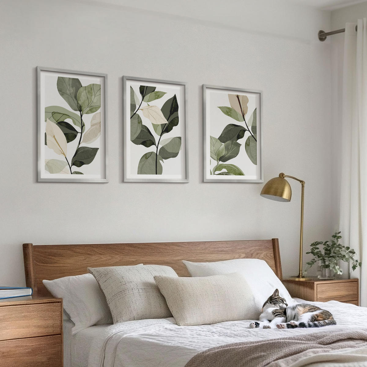 WANDBILDER 3er Set - 40x60 cm Silberner Rahmen - Bemalte Boho-Pflanzenblätter - Silberfarben, Kunststoff (40/60cm) - ArtPrintCave