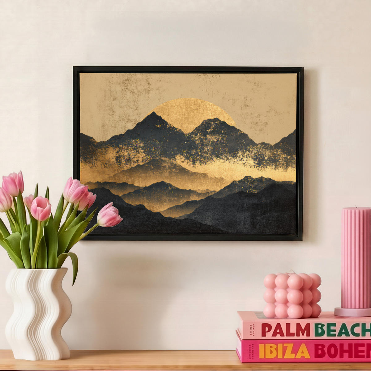 LEINWAND Bilder mit Rahmen - Goldene Berge bei Mondschein - 40x30 - Goldfarben, Textil (40/30cm) - MuchoWow