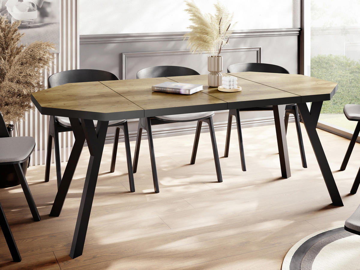 ESSTISCH Desmond achteckiger ausziehbarer, Lancelot Eiche 100-200/100/76 cm - Eichefarben/Schwarz, Holz/Holzwerkstoff (100/100/76cm) - WFL GROUP