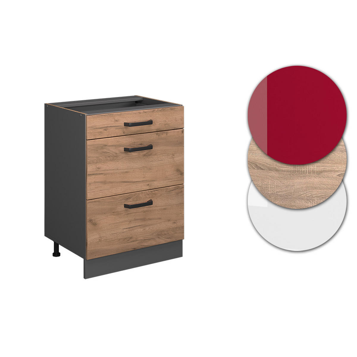 KÜCHENUNTERSCHRANK R-Line Goldkraft Eiche 60 cm mit Schubladen ohne AP - Anthrazit/Eiche Wotan, Holzwerkstoff (60/81.6/46cm) - Vicco