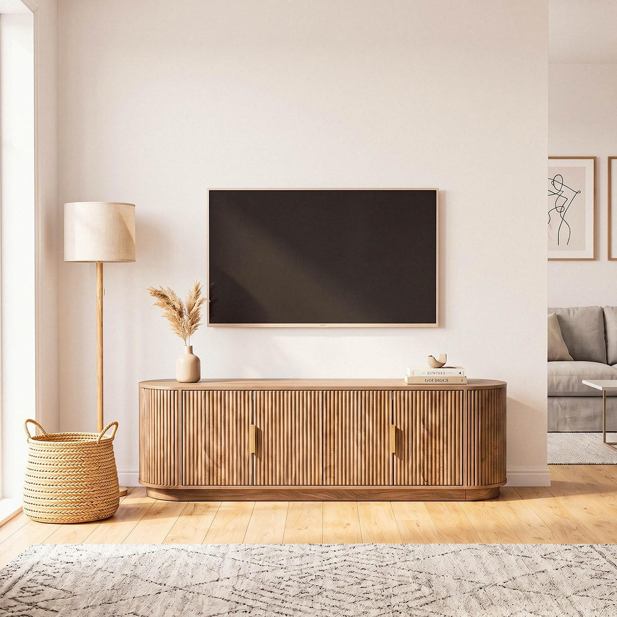TV-LOWBOARD mit 4 Türen in Eichenoptik und Lamellenfronten 40/48/160 cm - Apfelbaumfarben, Holzwerkstoff (40/48/160cm) - Calicosy