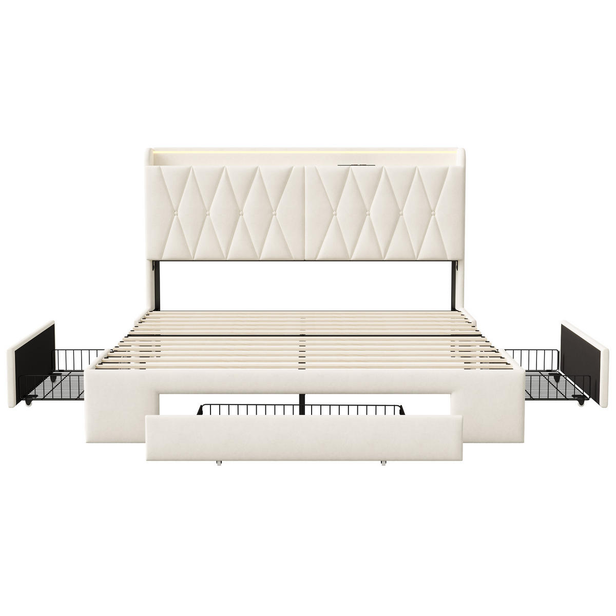 POLSTERBETT 160x200 cm, Beige, mit USB, Steckdosen & LED - Beige, Textil/Metall (160/200cm)