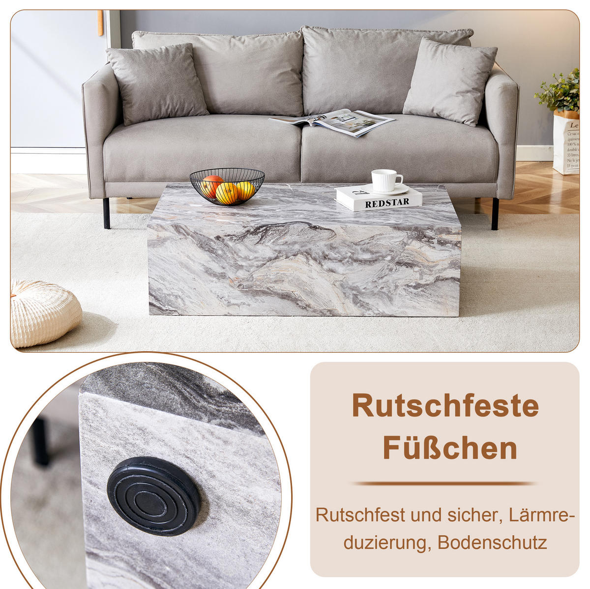 COUCHTISCH 90/50/30 cm in Grau mit Marmoroptik aus MDF - Grau, Holzwerkstoff (90/50/30cm) - Flora Grace