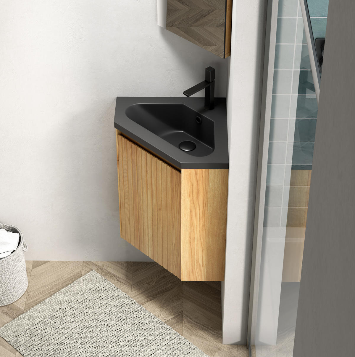 WASCHTISCH für Ecken Schwarz Naturholz - Schwarz, Holzwerkstoff (38.5/52.4/54.5cm) - Beauniv