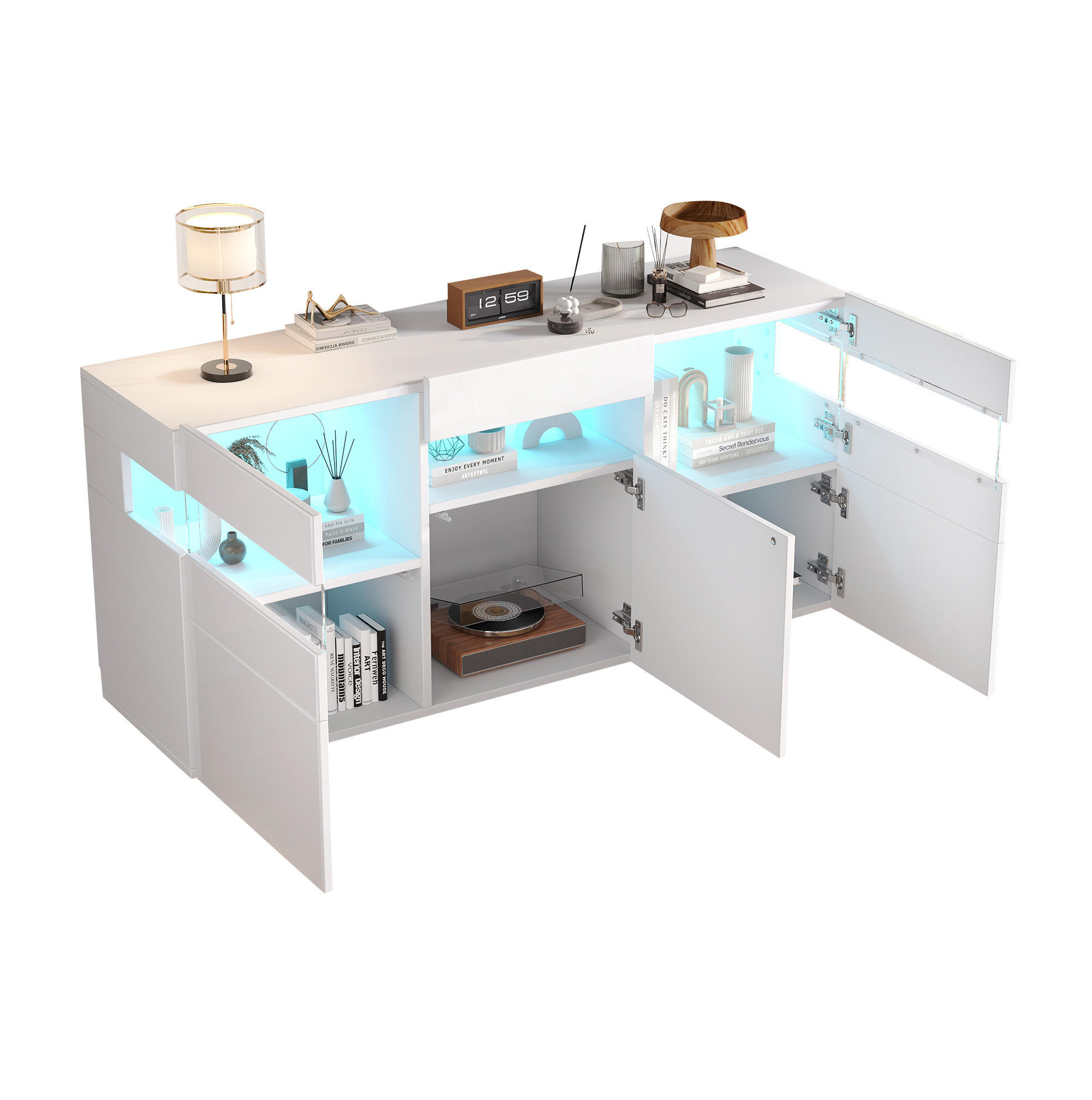 SIDEBOARD 140/40,5/66,5 cm in Weiß mit 3 Türen und LED-Beleuchtung - Weiß, Holzwerkstoff (140/66.5/40.5cm) - Flora Grace