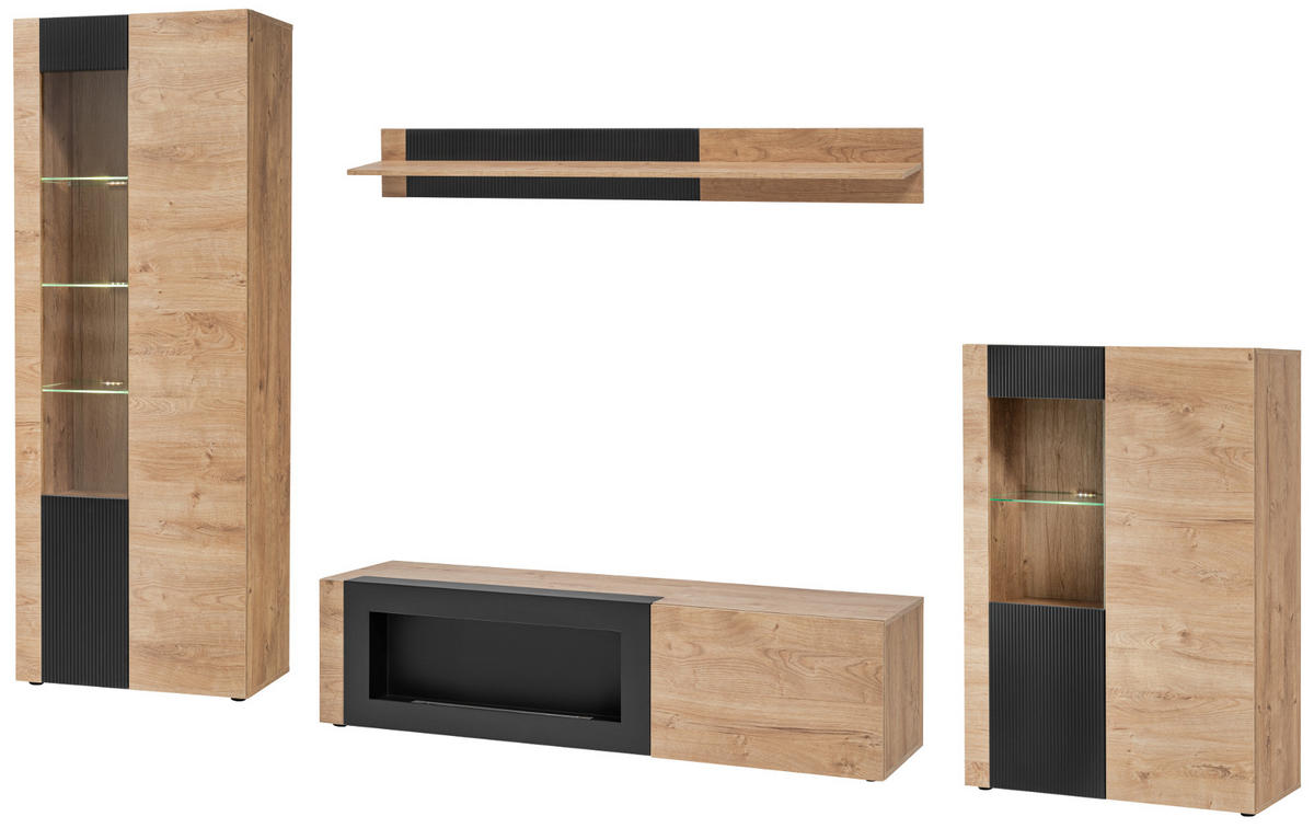 WOHNWAND Eiche, schwarz 4-teilig 350 cm, Schrankwand mit Kamin, inkl. Beleuchtung - Eichefarben/Schwarz, Glas/Holzwerkstoff (350/197/45cm) - Inn.Furn