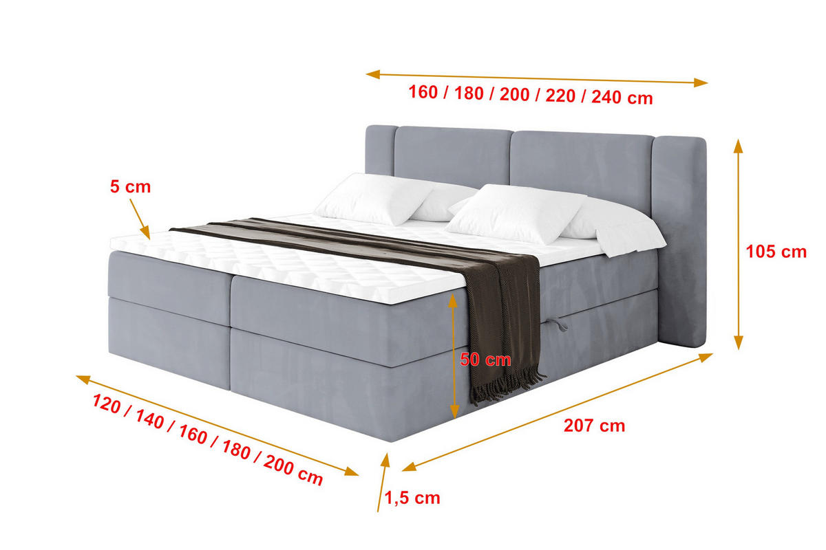 BOXBETT mit Matratze H3 - EVON - 140x200 cm Grau - Grau, Holzwerkstoff (140/200cm) - ALTDECOR