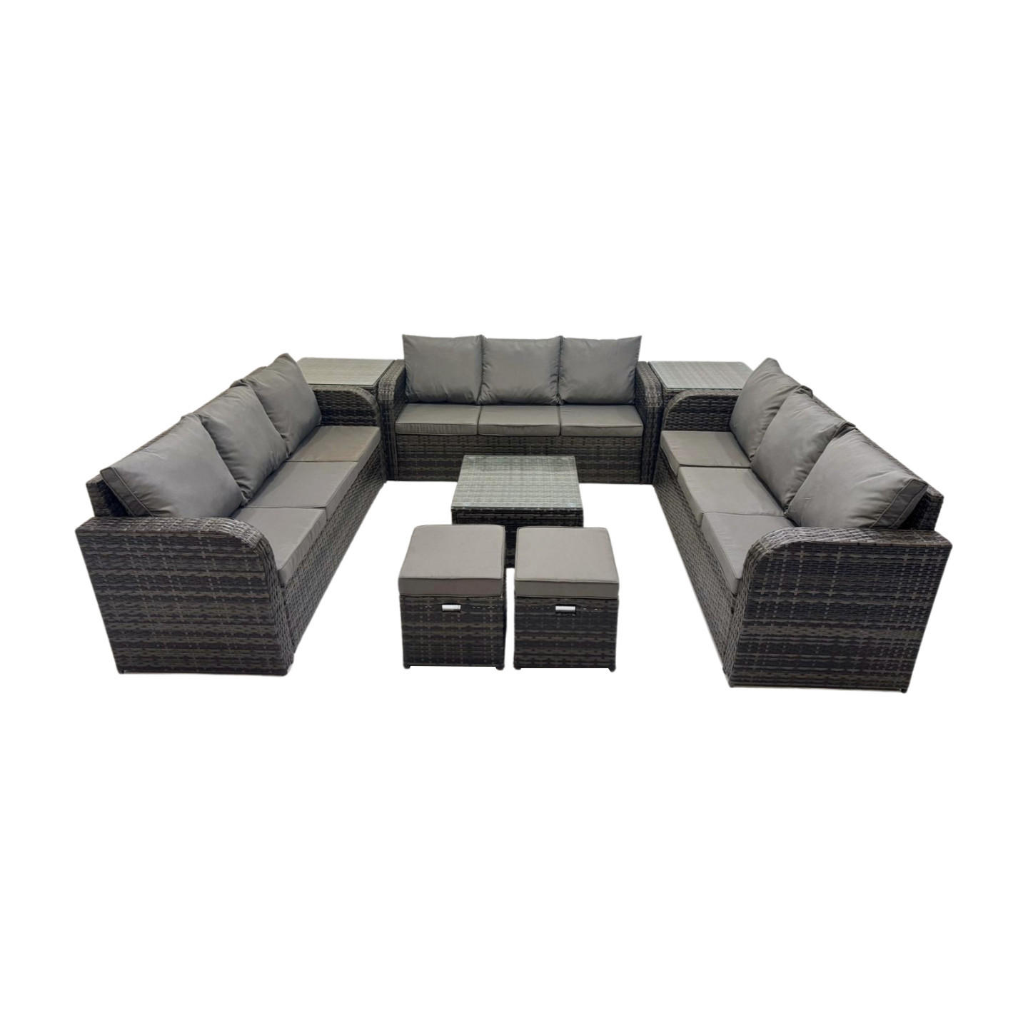 GARTENMÖBELGARNITUR mit KISSEN Polyrattan Dunkelgrau 11-Sitzer - Dunkelgrau/Grau, Glas/Kunststoff - Fimous