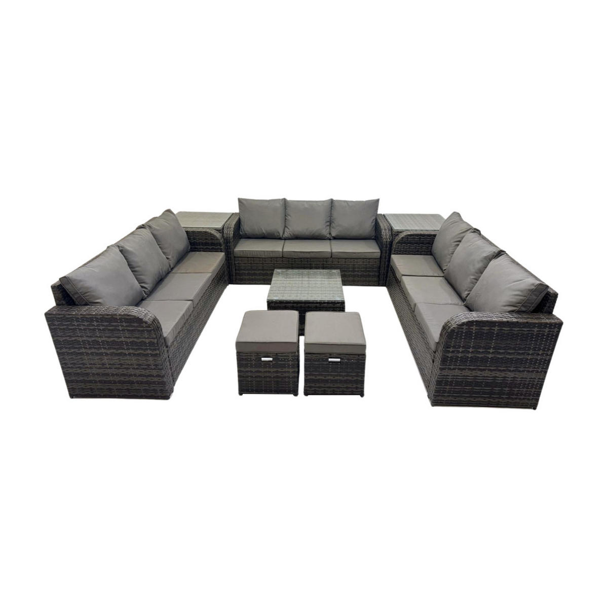 GARTENMÖBELGARNITUR mit KISSEN Polyrattan Dunkelgrau 11-Sitzer - Dunkelgrau/Grau, Glas/Kunststoff - Fimous