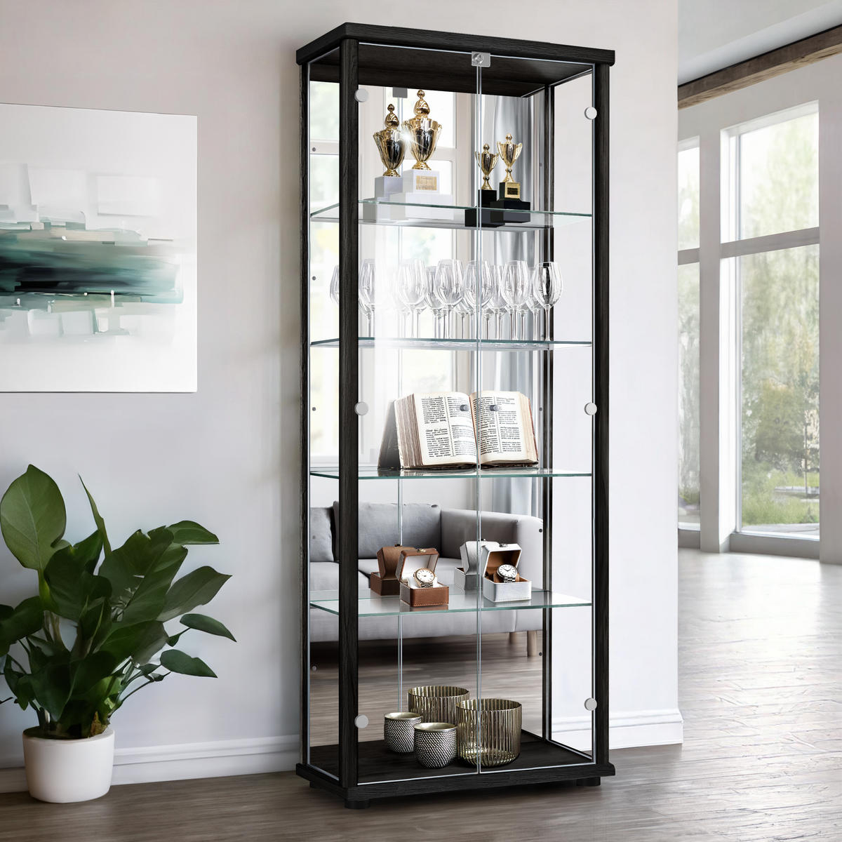 GLASVITRINE 33/67/176 cm mit Spiegel, LED, Schloss & 4 höhenverstellbaren Glasböden - Transparent/Silberfarben, Glas/Holzwerkstoff (67/176/33cm) - K-Möbel