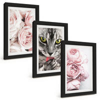 BILDER SET 3er Set - 20x30 cm Schwarzer Rahmen - Katze in rosa Blumen - Schwarz, Kunststoff (20/30cm) - TULUP