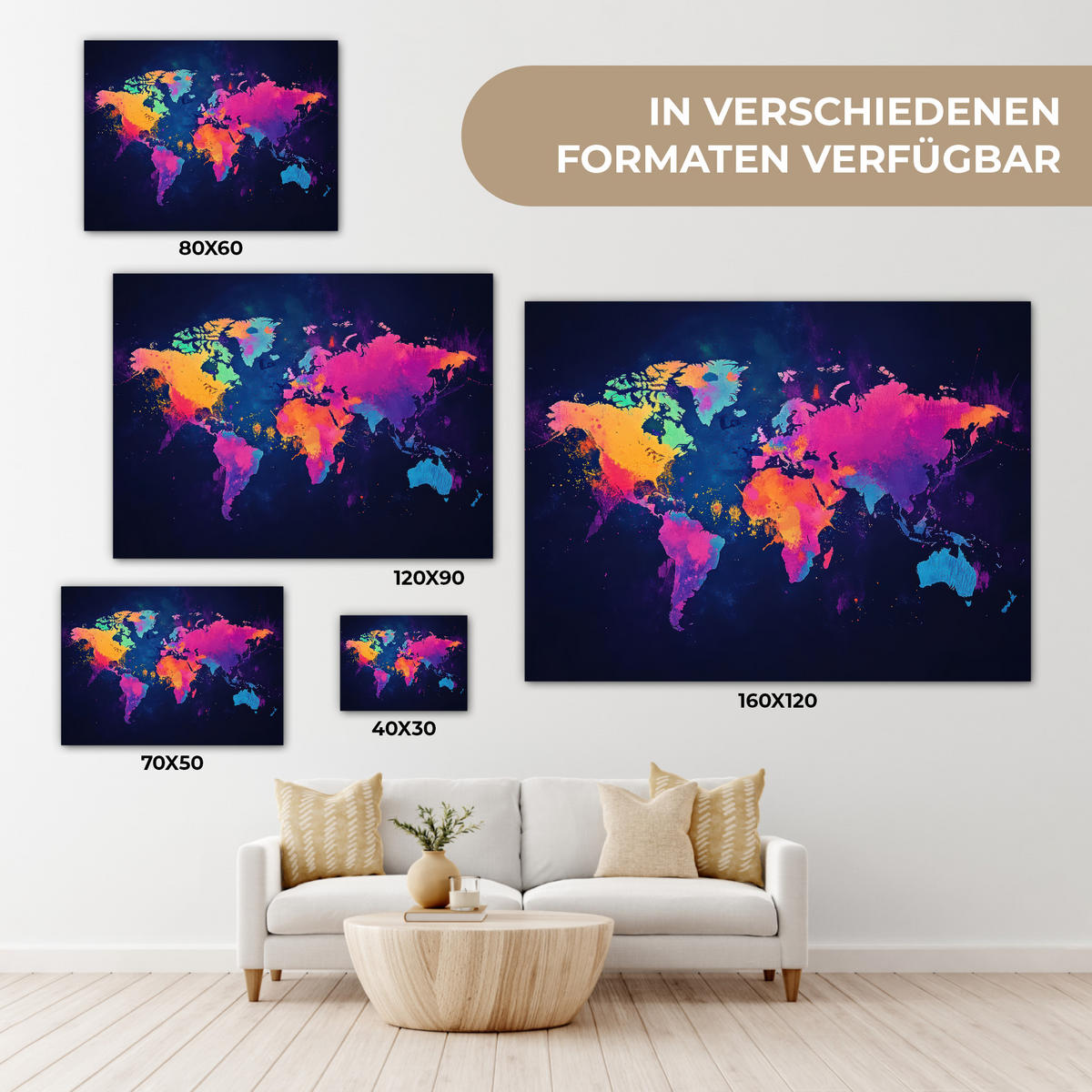 LEINWANDBILD Weltkarte - Bunt - Graffiti 40x30 cm - Multicolor, Textil (40/30cm) - MuchoWow