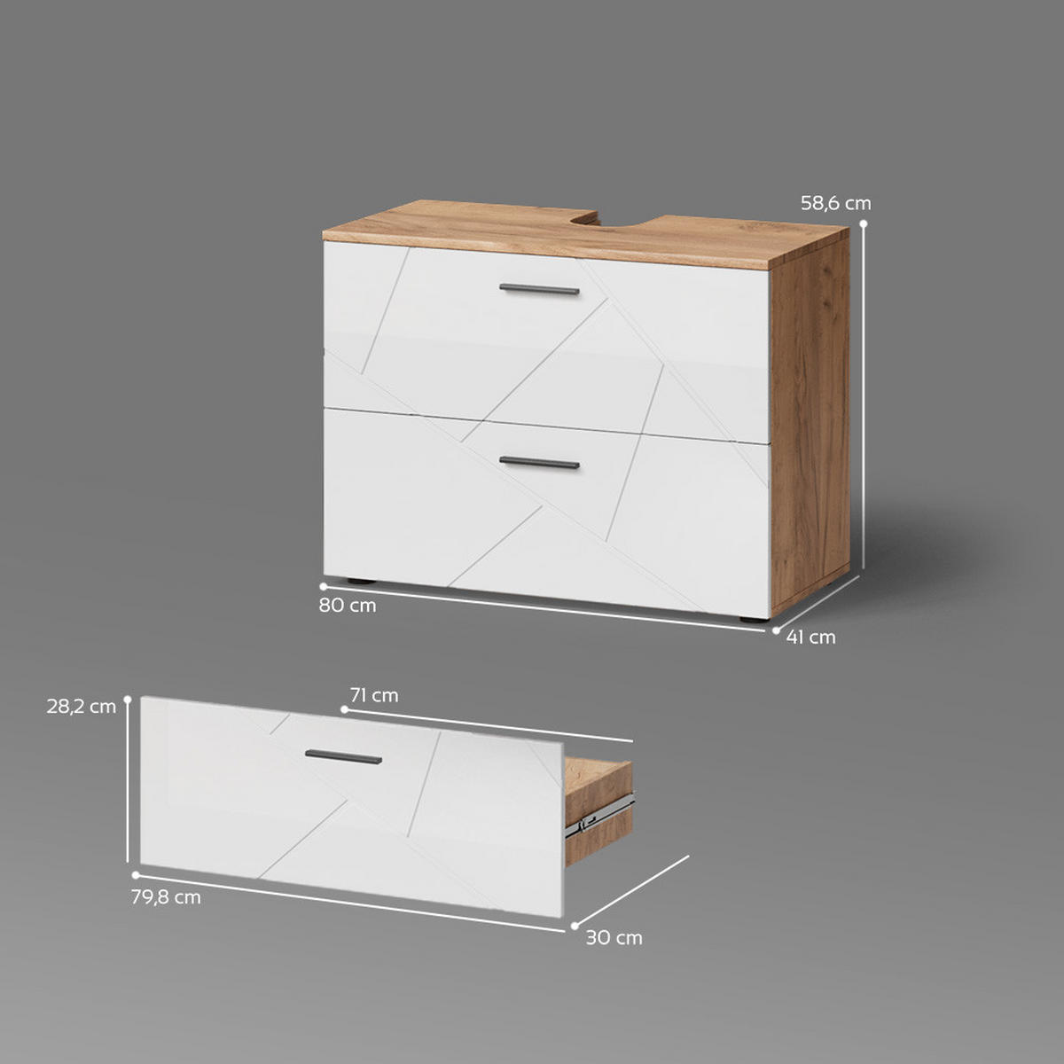 WASCHBECKENUNTERSCHRANK Ronco Weiß Hochglanz/Goldkraft Eiche 80 x 58.6 cm - Honigeiche/Weiß Hochglanz, Holzwerkstoff (80/58.6/41cm) - Livinity®