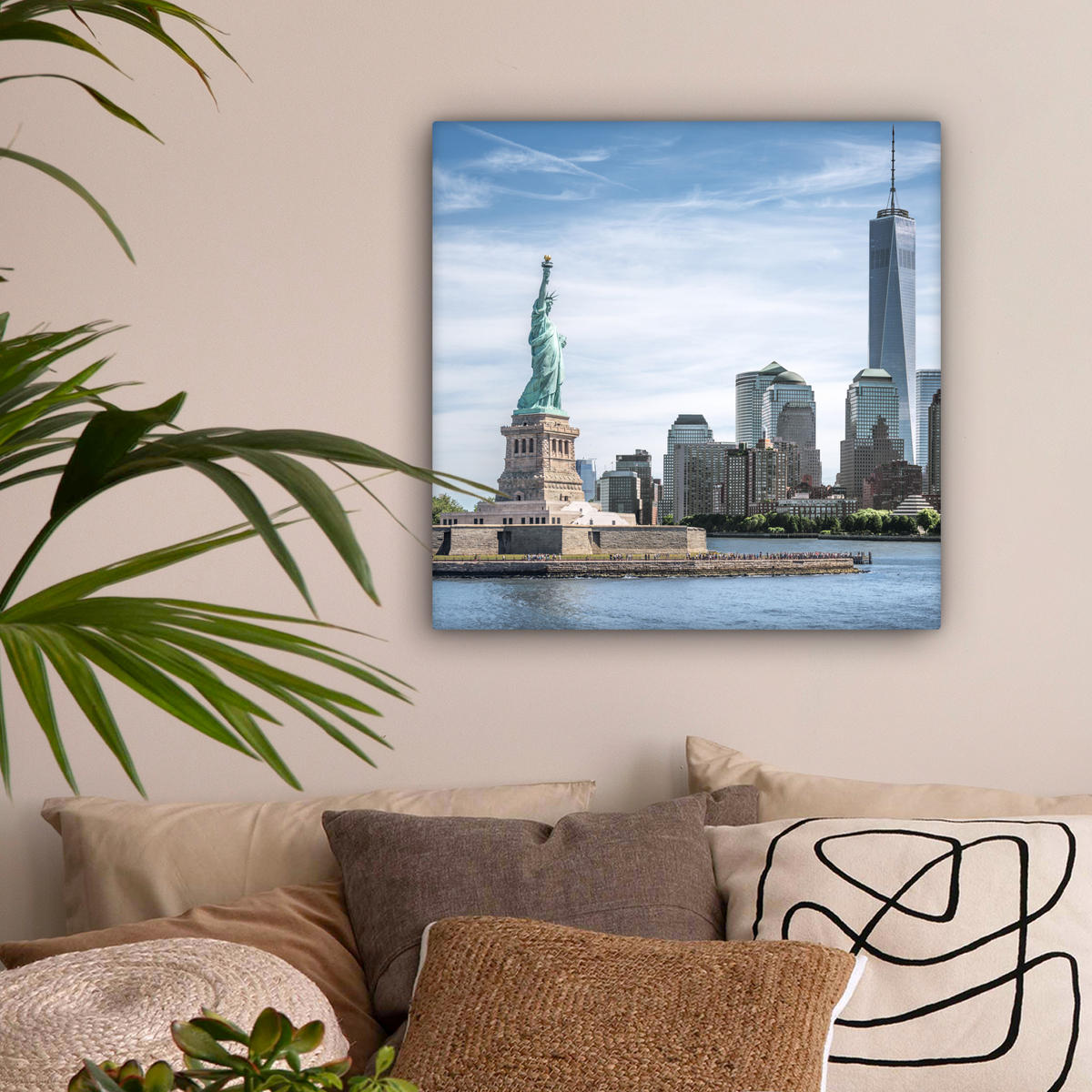 LEINWANDBILD New York - Freiheitsstatue - Wasser Wandbild Wohnzimmer 50x50 cm - Hellblau, Textil (50/50cm) - MuchoWow