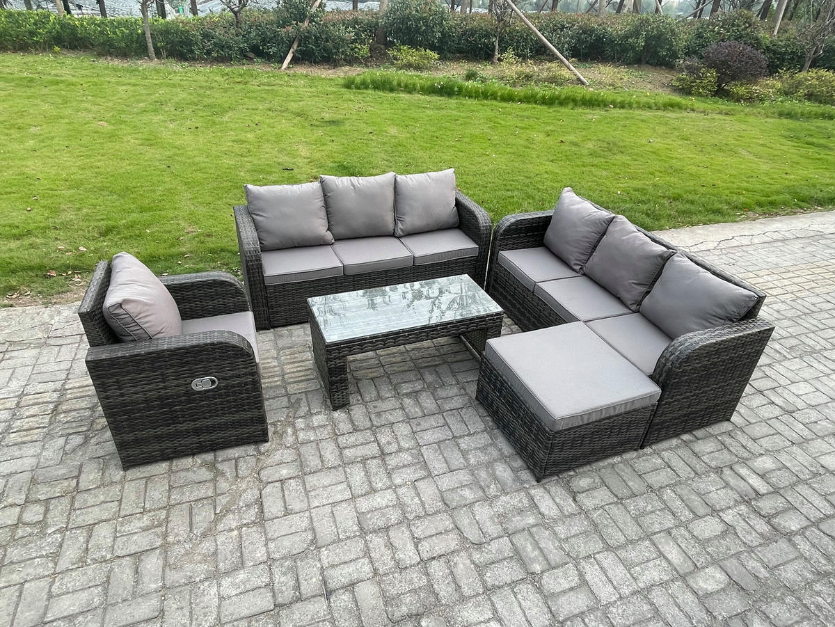 GARTENSOFA SET mit rechteckigem COUCHTISCH Polyrattan 8-Sitzer Dunkelgrau - Dunkelgrau/Grau, Glas/Kunststoff - Fimous