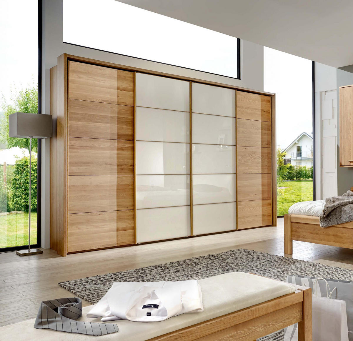 SCHLAFZIMMER Lenvara mit in Eiche und Champagner 4-teilig mit Schwebetürenschrank Breite mit Spiegel, Passepartout, zwei Nachttische und Komfortbett - Braun, Holzwerkstoff (80/200/120cm)