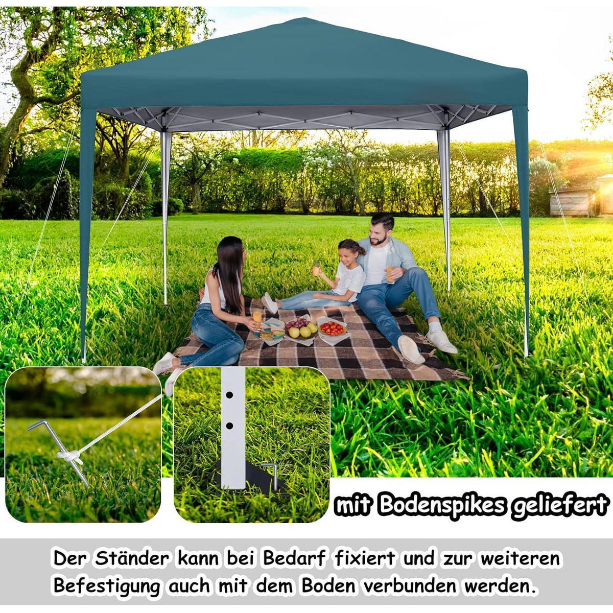 FALTPAVILLON 3x3m mit Seitenteilen und Fenstern Grün - Petrol, Textil (300/260/300cm)
