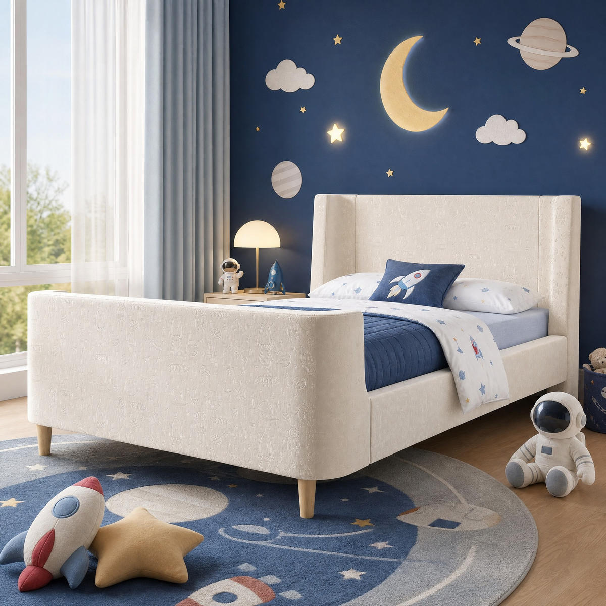 KINDERBETT 90/200 mit Schlittenform und Lattenrost in Beige - Beige, Holzwerkstoff/Textil (90/200cm) - EVRYAE