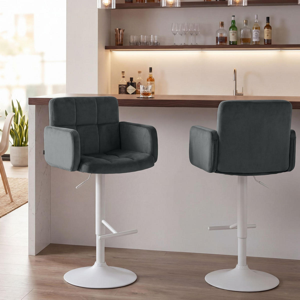 BARHOCKER 2 Samt Dunkelgrau - Dunkelgrau/Weiß, Textil/Metall (60/93/56cm) - CLP