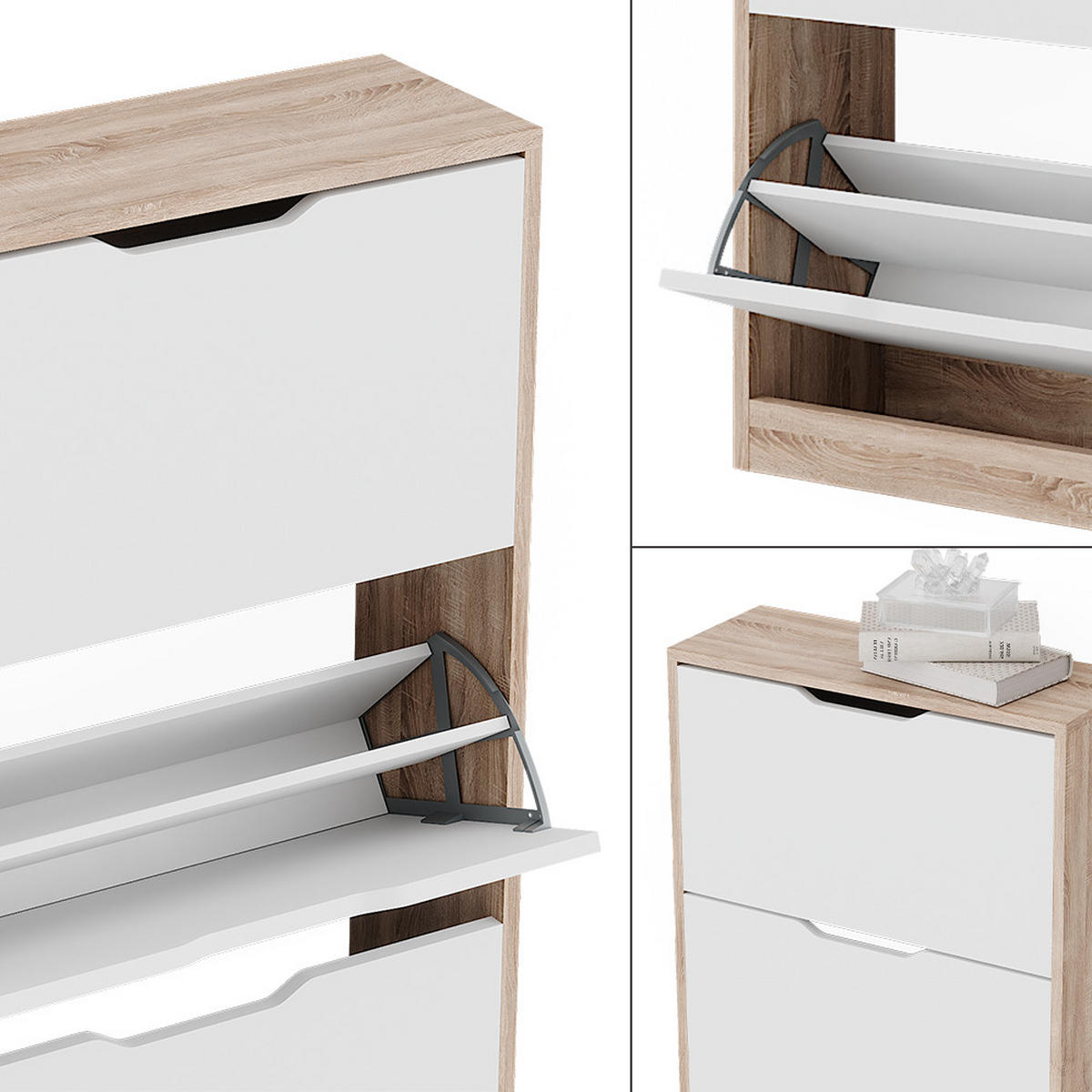SCHUHKIPPER Luca Sonoma/Weiß 59 x 137 cm mit 4 Klappschubladen - Weiß/Sonoma Eiche, Holzwerkstoff (59/137/22cm) - Vicco